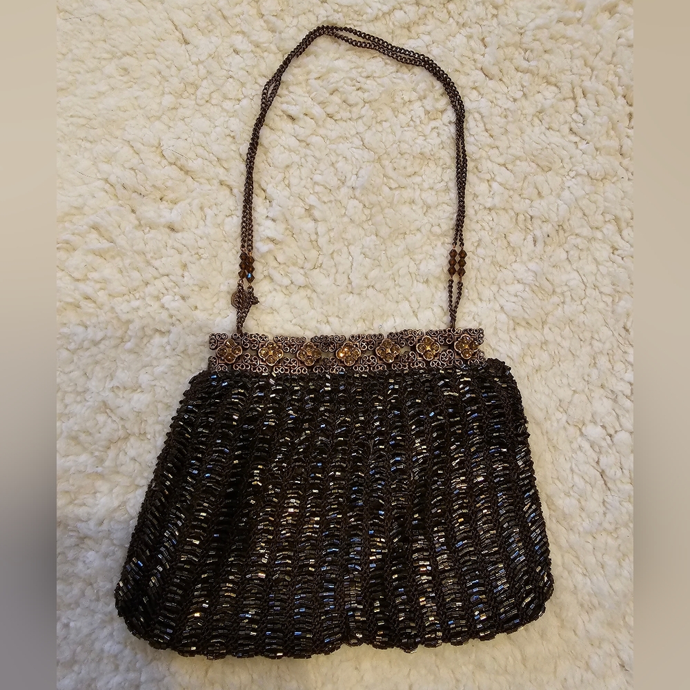 Clara Studio Inc. Evening Bag Purse Handbag Vintage Style Chain Beaded Brown - Picture 3 of 9